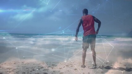 Man shifting weight doing quad stretches to fitness warmup as digital overlay shifts on beach - Powered by Adobe