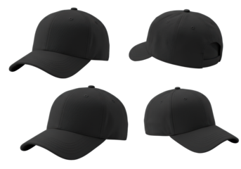 Three identical matte black baseball caps, detailed stitching, displayed in front, side, and three-quarter views, against a transparent studio background with even lighting, no shadows, a