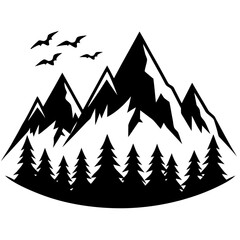 Stylized mountain range with pine trees and flying birds silhouette isolated on white background