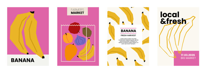 Fresh banana illustration. Simple posters with organic fruits for farmers market advertising. Vector templates with copyspace. Set of harvested tropical food in minimal hand drawn and flat style.