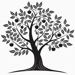 Black silhouette of a fruit tree with apples and leaves isolated on white background silhouette
