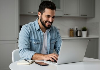 Smiling man with beard wearing wireless earbuds works on a laptop at a kitchen table with a notebook and phone