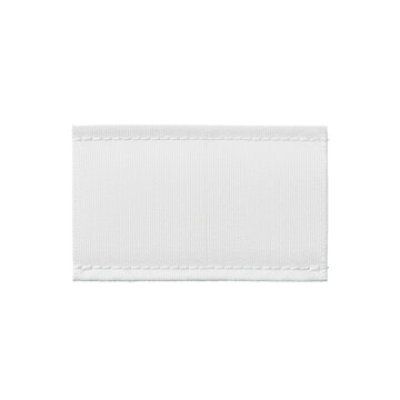 A pristine, rectangular white fabric clothing label with tightly woven textile texture and meticulously stitched edges, presented on a transparent isolated studio background, ultra-photorealistic