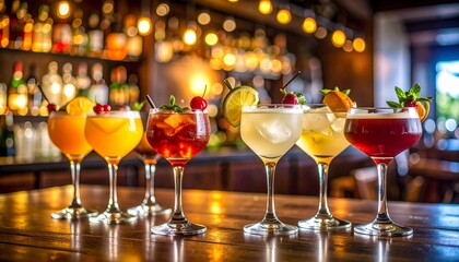 Glass of cocktail on the table, Craft cocktails with vibrant garnishes in a chic bar setting