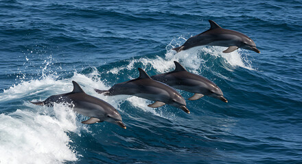 Playful dolphins jumping over breaking waves.