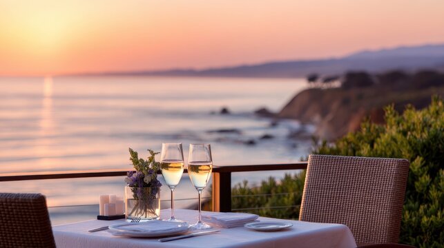 Romantic seaside dining at sunset with elegant table setting and ocean view - Powered by Adobe