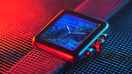 A modern smartwatch with a digital clock face displaying time, placed on a textured surface under vibrant red and blue lighting.