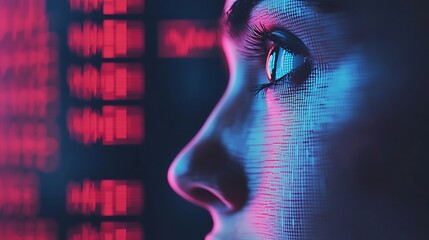 A close-up of a human face illuminated by colorful digital data streams, symbolizing technology and cybersecurity.