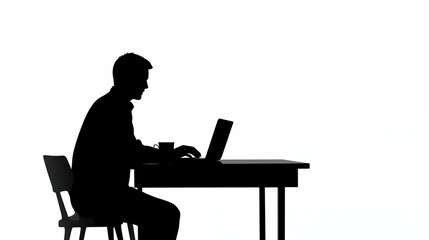 Black silhouette of a person sitting at a desk with laptop and coffee cup, head tilted forward, symbolizing remote work or freelancing, in minimal icon style on a pure white background

