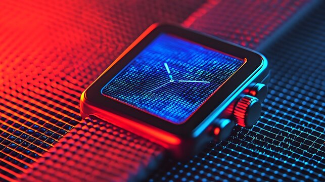 A modern smartwatch with a digital clock face displaying time, placed on a textured surface under vibrant red and blue lighting.