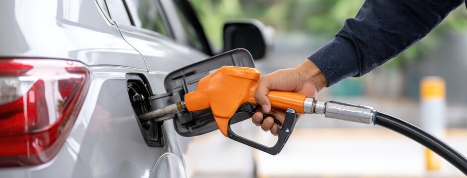Close-up of hand holding orange gas pump filling vibrant yellow car tank at oil station during daylight