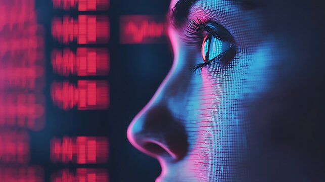 A close-up of a human face illuminated by colorful digital data streams, symbolizing technology and cybersecurity. - Powered by Adobe