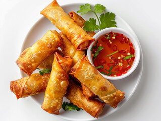 Mini vegetable spring rolls with dipping sauce in a tiny bowl, top-down view, isolated on white