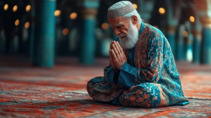 Senior man praying inside building with blue columns and patterned rug