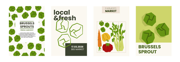 Fresh brussels sprouts illustration. Simple posters with cabbage vegetable for farmers market advertising. Vector templates with copyspace. Set in minimal hand drawn flat style.