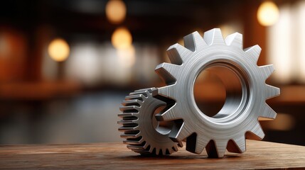 Close-up view of car parts and gears in an engine workshop with a bokeh background showing tools and equipment in action at sunset