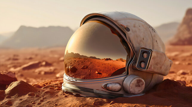 An astronaut helmet standing on the surface of Mars, reflecting the mars landscape an astronaut’s helmet. - Powered by Adobe