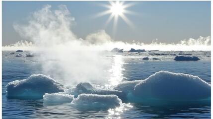 Melting ice sheet with scattered dark dust, symbolizing the urgent impact of environmental change.