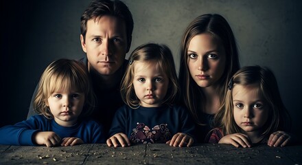 A family of five, including parents and three children, pose for a serious portrait behind a wooden table.