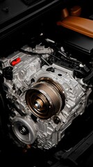 Close-up view of car parts and gears in an engine workshop with a bokeh background showing tools and equipment in action at sunset