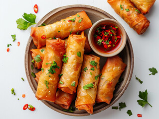 Mini vegetable spring rolls with dipping sauce in a tiny bowl, top-down view, isolated on white