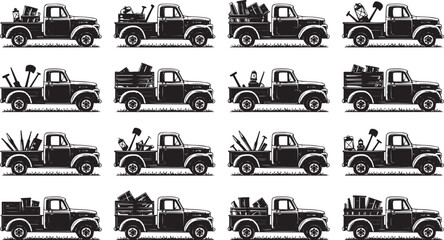 A collection of drawn.  vintage style Rusty Farm Trucks with Crates and Tools – Countryside Nostalgia.