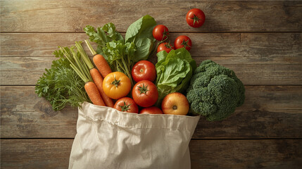 Fresh organic vegetables in a reusable cotton bag on a rustic wooden table. Includes tomatoes, carrots, broccoli, apples, and leafy greens.