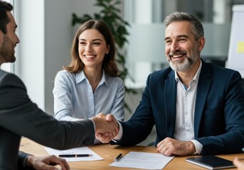 Diverse business professionals smiling and shaking hands during a successful meeting at a modern office conference table