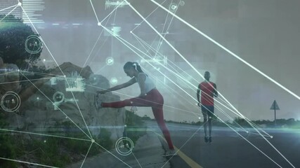 pausing run, resting foot on ledge, activating animated HUD tracking fitness metrics partner data - Powered by Adobe