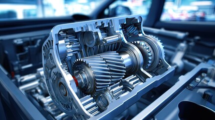 Obraz premium Detailed view of automobile gearbox with gears and cogs in natural light, highlighting mechanical components and car parts in a dynamic environment