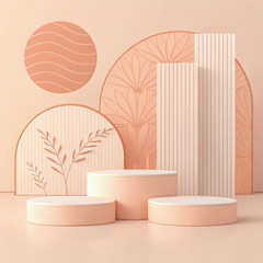 Modern abstract stage with pedestals and decorative elements in warm peach tones