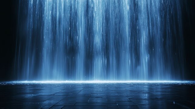 Abstract blue waterfall cascading onto dark floor.