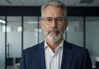 Mature businessman with gray hair and beard wearing glasses and a navy blue suit in a modern office setting