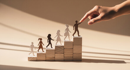 Wooden figures ascending steps, hand assisting, symbolizing mentorship, growth, and career advancement.  Illustrates support and opportunity