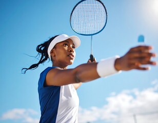 Woman playing badminton outdoors