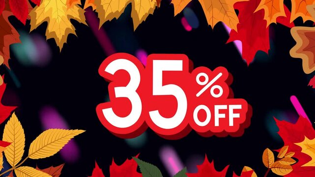 35 percent off neon text sale promotion animation with autumn leaves background for marketing video
