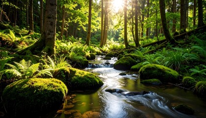 Fototapeta premium Sunlight streams through a lush forest, illuminating a flowing creek
