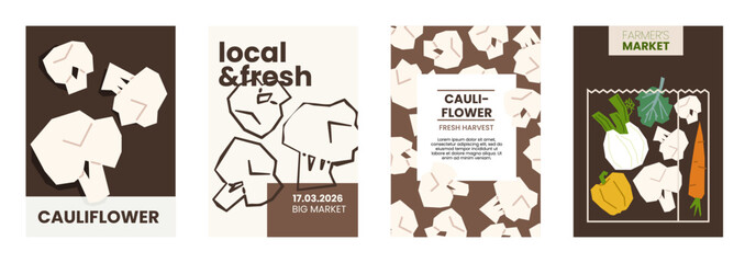 Fresh cauliflower illustration. Simple posters with florets vegetable for farmers market advertising. Vector templates with copyspace. Set of harvested vegetables in minimal hand drawn and flat style.