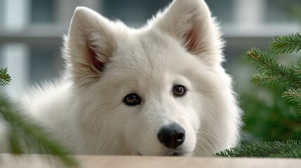 Obraz premium A curious white dog peers over a wooden table, surrounded by lush greenery in a warm living room setting, captured in natural light.