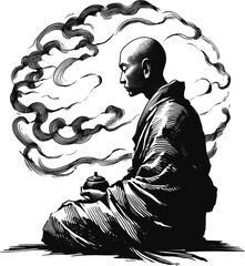 The Mountain Sage monk linework vintage ink sketch hand drawn pen drawing illustration background vector