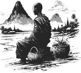 A Symbol of Purit Thai monk linework vintage ink sketch hand drawn pen drawing illustration background vector