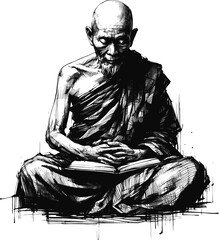 Ancient Teachings Thai monk linework vintage ink sketch hand drawn pen drawing illustration background vector