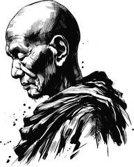 Between Earth and Enlightenment Thai monk linework vintage ink sketch hand drawn pen drawing illustration background vector