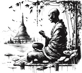 Silent Prayers, Loud Wisdom Thai monk linework vintage ink sketch hand drawn pen drawing illustration background vector