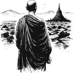 From Dawn to Dusk Thai monk linework vintage ink sketch hand drawn pen drawing illustration background vector