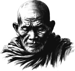 The Light Within Thai monk linework vintage ink sketch hand drawn pen drawing illustration background vector