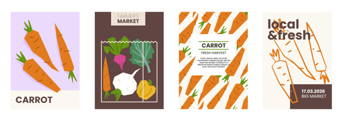 Fresh carrot illustration. Simple posters with root vegetable for farmers market advertising. Vector templates with copyspace. Set of harvested salad vegetables in minimal hand drawn and flat style.