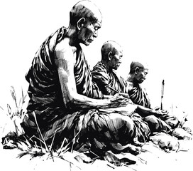 Whispers of the Temple Thai monk linework vintage ink sketch hand drawn pen drawing illustration background vector