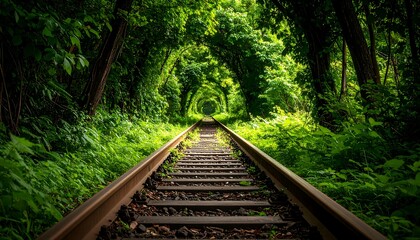 Fototapeta premium Lush green tunnel of trees over railway tracks