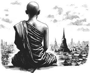 The Monk and the Unseen Thai monk linework vintage ink sketch hand drawn pen drawing illustration background vector
